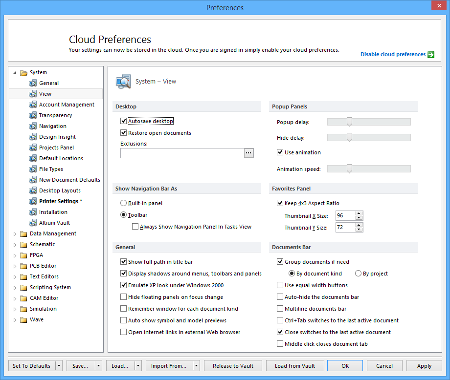 The System - View page of the Preferences dialog