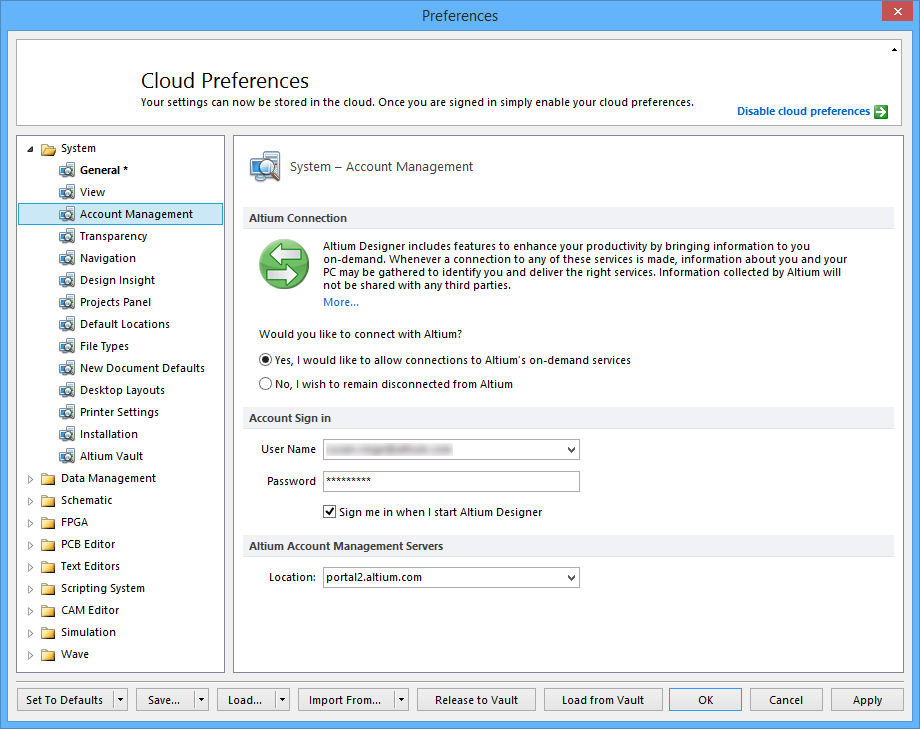 The System - Account Management page of the Preferences dialog