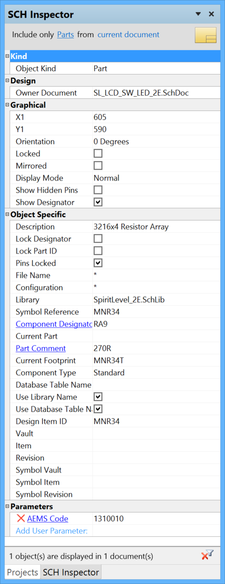 Manually select Schematic objects to populate the SCH Inspector panel with design objects to be viewed or edited.