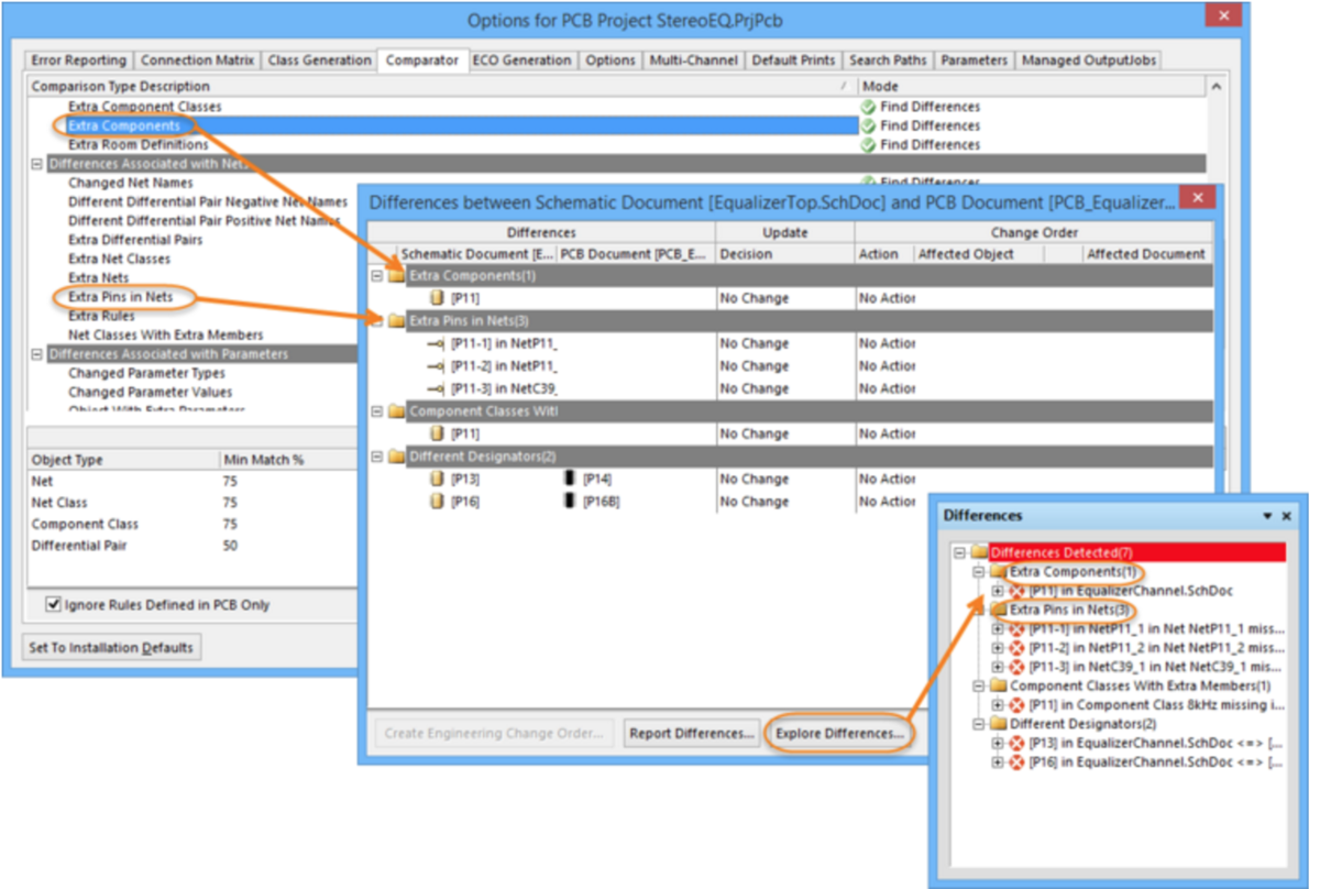Set up how the differences are detected and reported in the Project Options dialog.