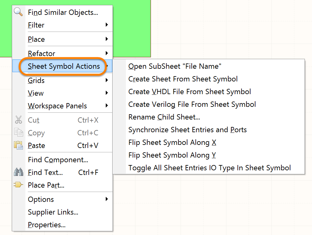 The Sheet Symbol Actions sub-menu
