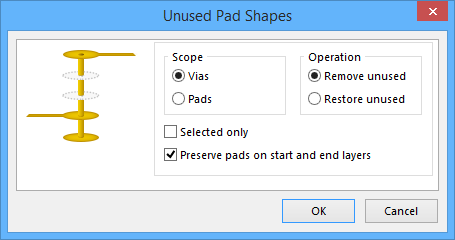 The Unused Pad Shapes dialog, used to configure to remove or restore unused pad shapes.
