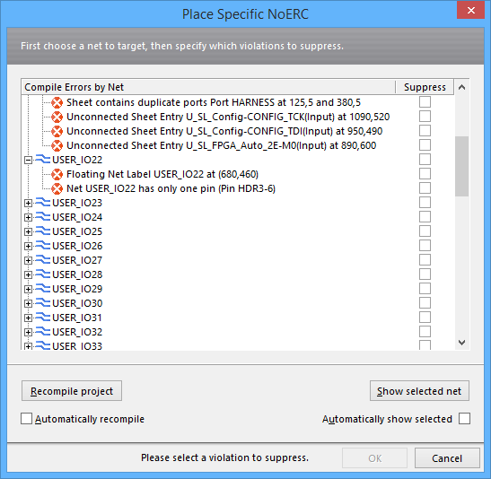 The Place Specific NoERC dialog.