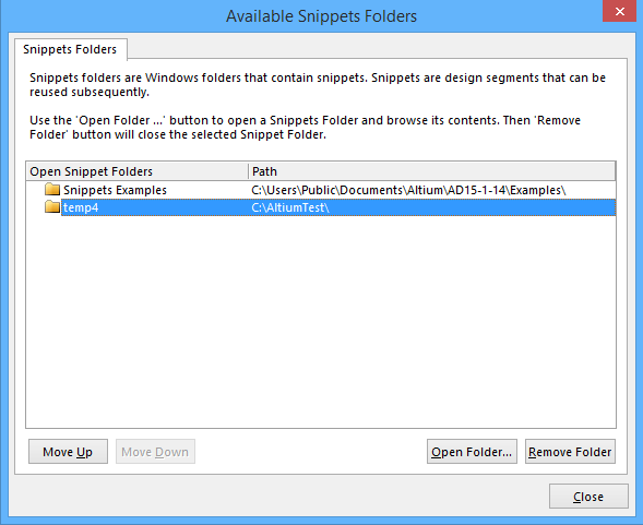  The Available Snippets Folders dialog