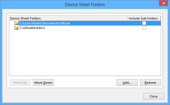 The Device Sheet Folders dialog displaying two folders which contain device sheets.