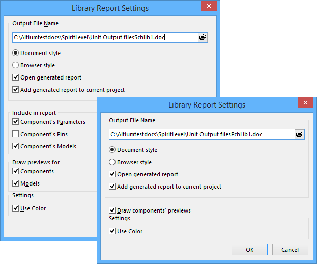 The Library Report Settings dialog shown when accessed from the Sch Library Editor (back) and the PCB Library Editor (front).