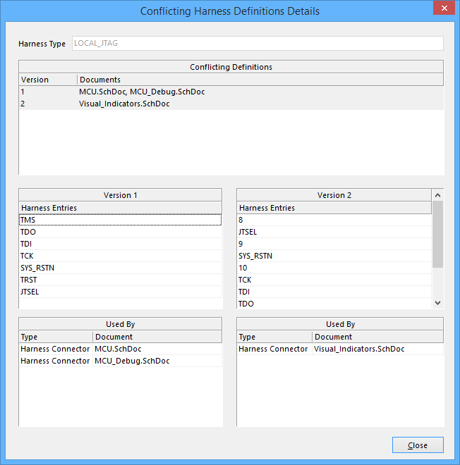  The Conflicting Harness Definitions Details dialog