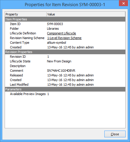The Properties for Item Revision dialog.
