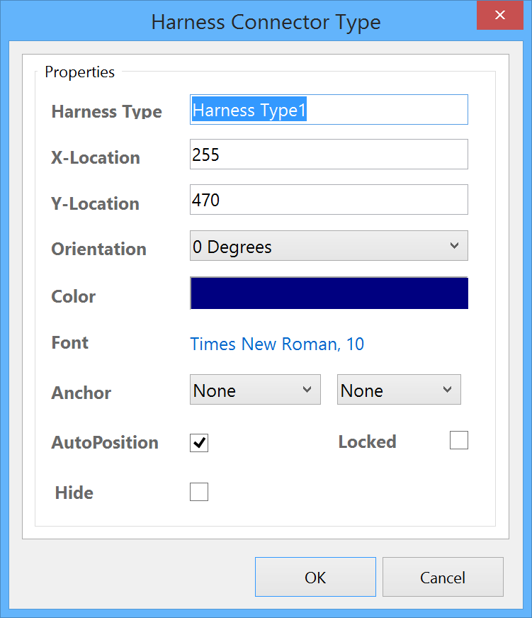 The Harness Connector Type dialog