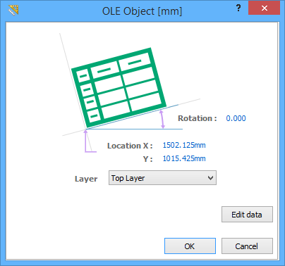 The OLE Object properties dialog. Note the Edit data button.