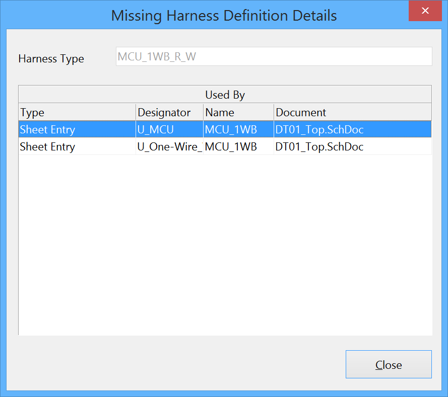 The Missing Harness Definition Details dialog