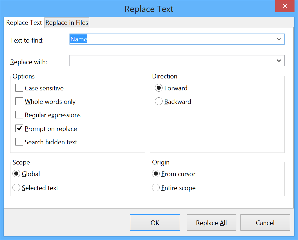 Two variations of the Find-Replace Text dialog displaying both tabs