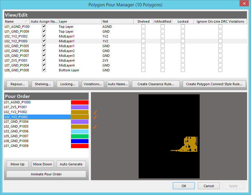 The Pour Order can be managed in the Polygon Pour Manager dialog, here MidLayer1 has 3 polygons, the currently selected polygon is poured second.