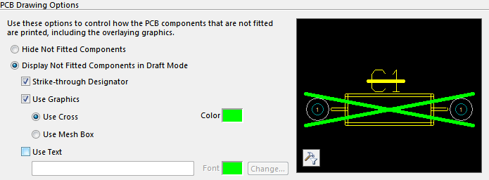 Not Fitted components can be hidden or shown in draft mode, with a variety of notation options.