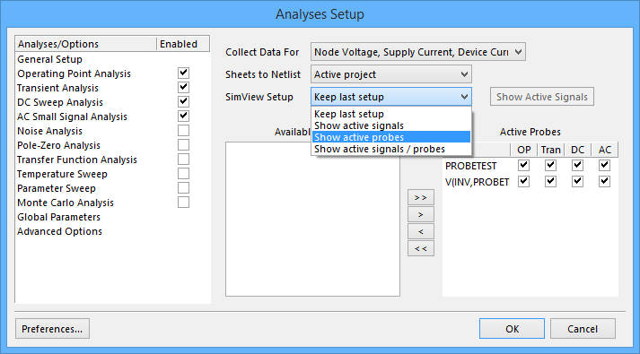Selecting Show active probes from the SimView Setup drowndown menu.