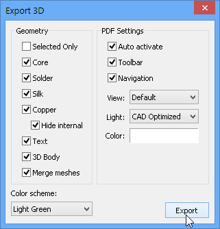 The Export 3D dialog allows you to configure how the exported PDF will look and behave.