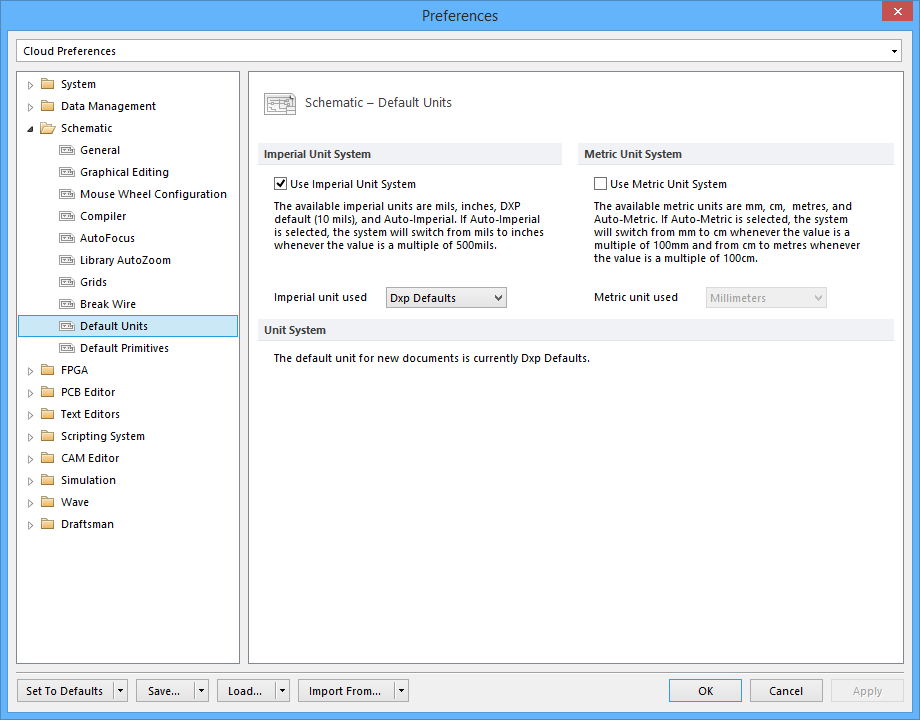 The Schematic - Default Units page of the Preferences dialog.