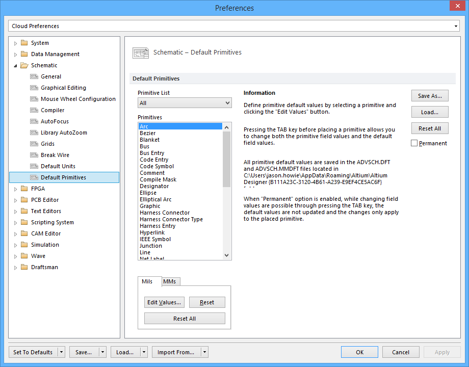 The Schematic - Default Primitives page of the Preferences dialog.