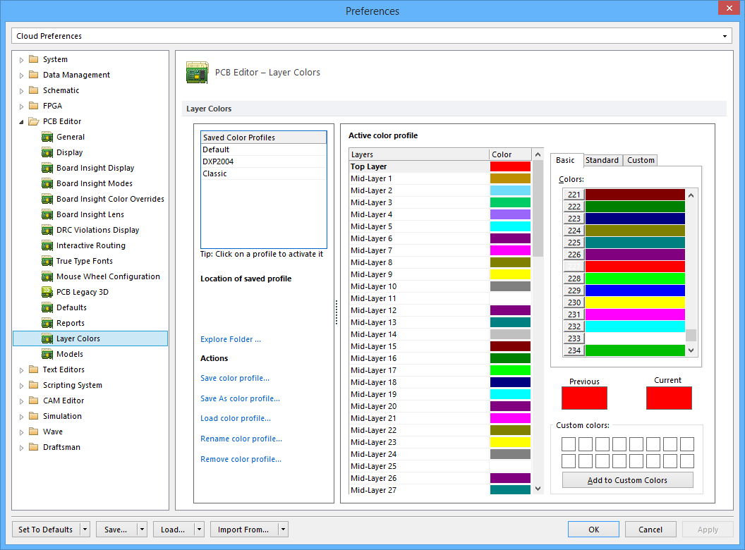 The PCB Editor - Layer Colors page of the Preferences dialog.