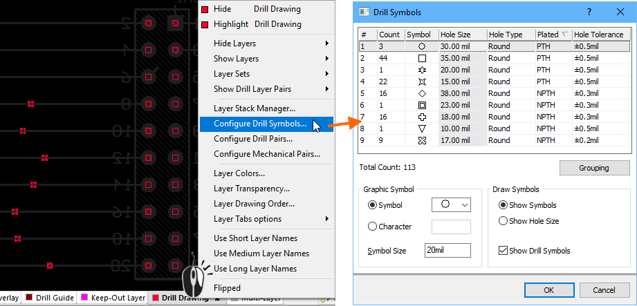 Configure the drill symbol assignments and enable their display in the Drill Symbols dialog.