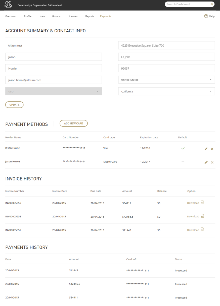 An example of the Payments page when fully populated with the various elements of information that it can present.