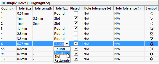 Changing the hole type (from round to square) for the selected group of six matching hole styles.