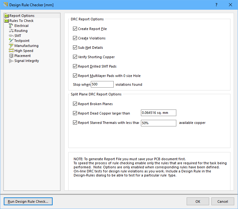 Rule checking, both online and batch, is configured in the Design Rule Checker dialog.