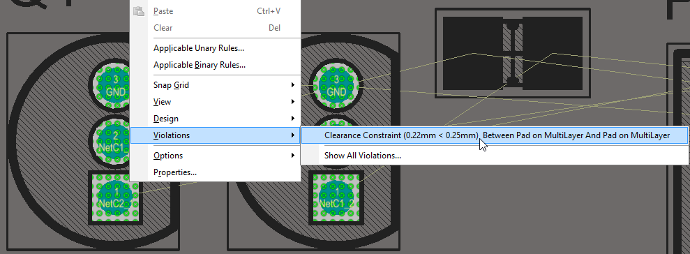 Right-click on a violation to examine what rule is being violated, and the violation conditions. In this image the display is in single layer mode, with the multi-layer as the active layer.