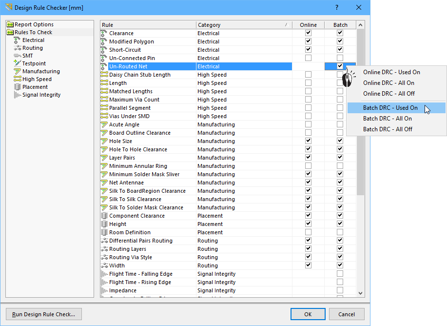 Checking is configured for each rule type, use the right-click menu to enable the Used design rules.