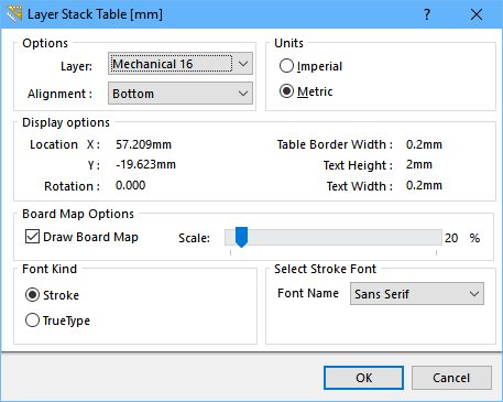 Configure the Layer Stack Table settings in the dialog.