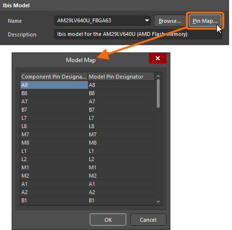 Verify component-to-model pin mapping in the Model Map dialog.