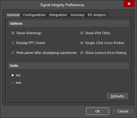 The Signal Integrity Preferences dialog