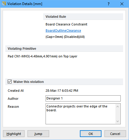 The Violation Details dialog includes information about the violation, as well as options for waiving it.
