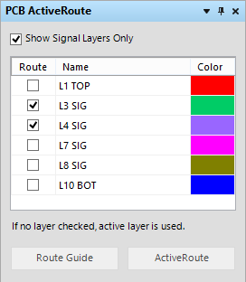 The PCB ActiveRoute panel allows you to select which layers to route on, create a Route Guide, and to start ActiveRoute. 