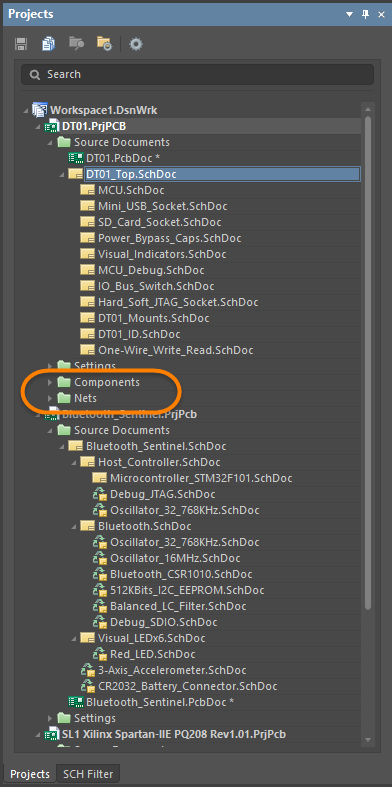Components and Nets folders display in the Projects panel after the project is compiled.