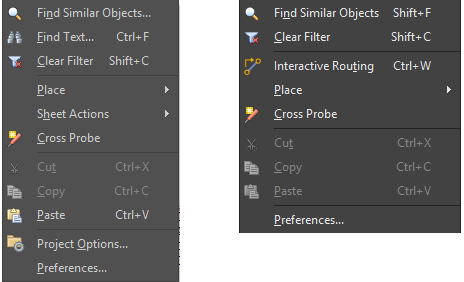 Right-click menu from a negative space area in a schematic (first menu) and a PCB (second menu), for Altium Designer 17 (light menus) and Altium Designer 18 (dark menus).