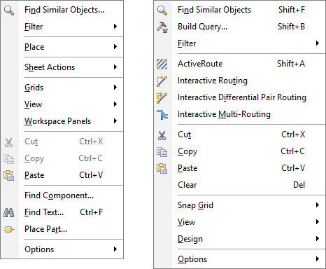 Right-click menu from a negative space area in a schematic (first menu) and a PCB (second menu), for Altium Designer 17 (light menus) and Altium Designer 18 (dark menus).