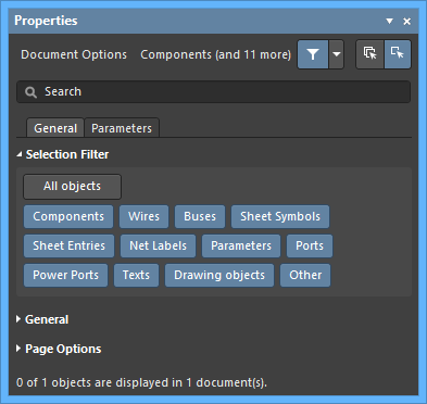 The Schematic and PCB editor Selection Filters, available in the Properties panel when there is nothing selected in the workspace.