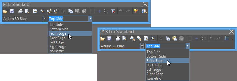 Accessing the Change 3D View feature from the Standard toolbar in PCB and PCB Library Editors.