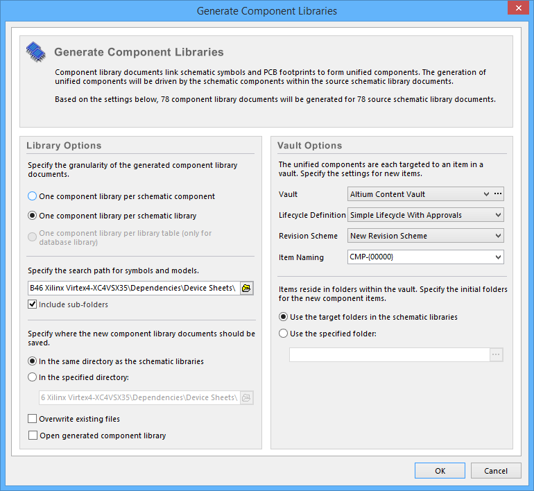 Two variations of the Generate Component Libraries dialog