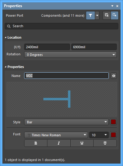 The Power Object default settings in the Preferences dialog and the Power Port mode of the Properties panel
