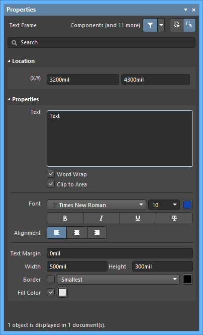 The Text Frame default settings in the Preferences dialog and the Text Frame mode of the Properties panel
