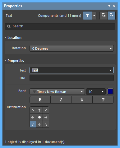The Text String default settings in the Preferences dialog and the Text mode of the Properties panel