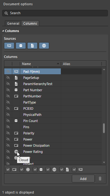 The source of each parameter is indicated by the icon in the list of columns.