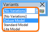 Accessing the control to change the current variant, from the Variants toolbar.