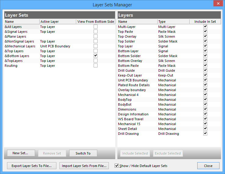 The Layer Sets Manager Dialog.