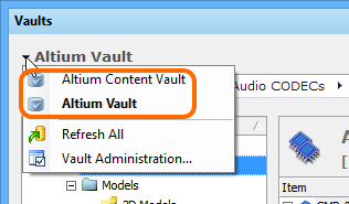 Access controls for changing the working Vault. The current Vault

appears in bold.