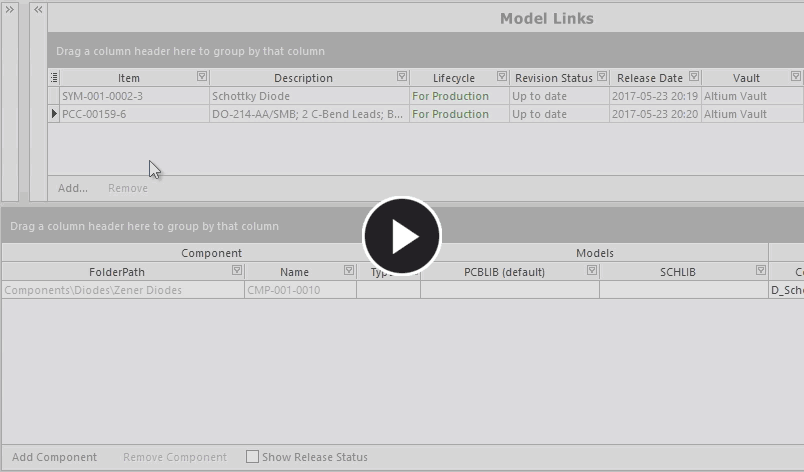 Assign a model to an existing component using drag and drop from the Model Links region to the corresponding model column for that component.