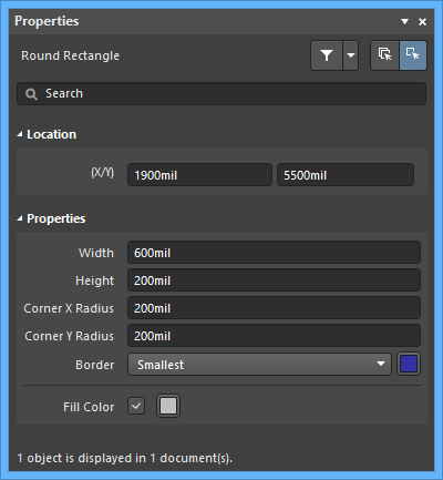 The Round Rectangle default settings in the Preferences dialog and the Round Rectangle mode of the Properties panel