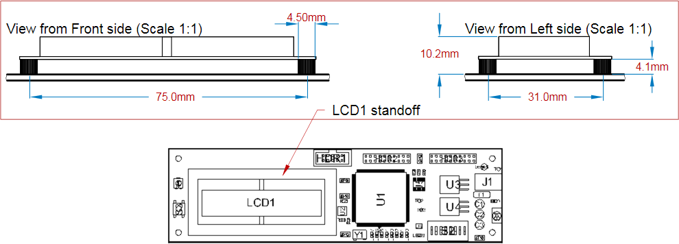 Два размещенных вида Component View, используемых для представления информации о монтаже компонента LCD1, показанного на виде Board Assembly View внизу.